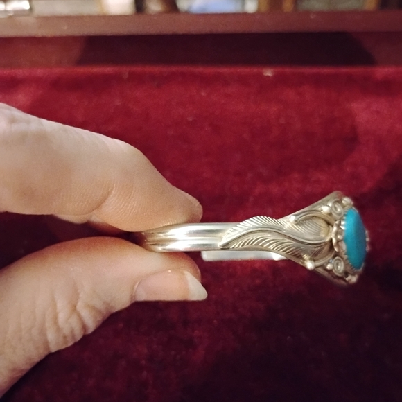 Native American Open Scroll Sterling Silver Cuff Bracelet with Round Turquoise - Picture 5 of 9